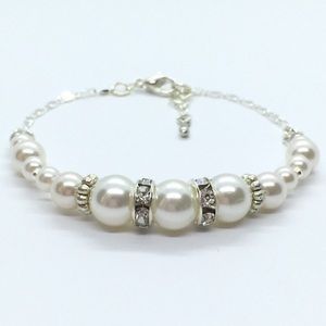 Ivory Glass Pearls w/ Rhinestone Chain Bracelet